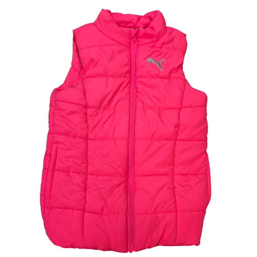 Puma Puffer Vest Girl's Size‎ XS 5/6 Hot Pink Glitter Logo Full Zip Activewear